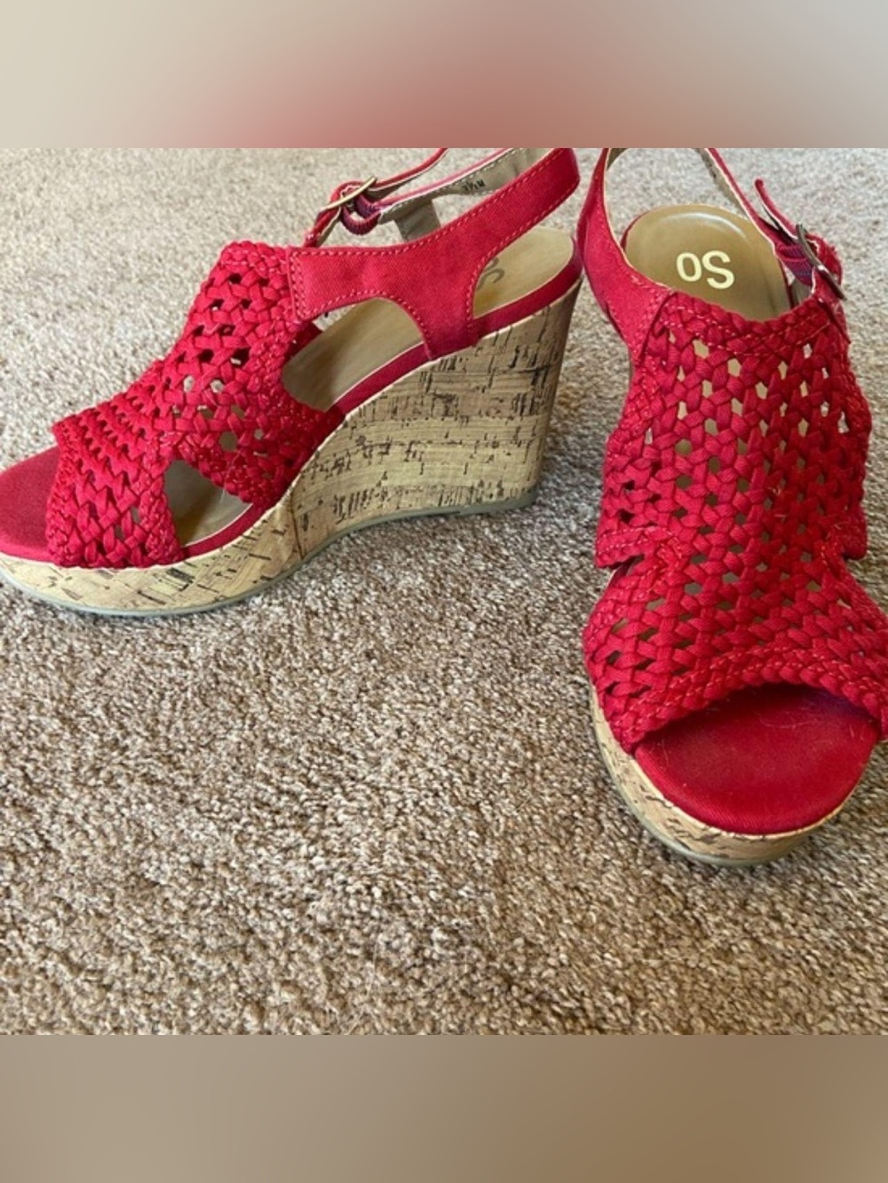 SO Bright Red Woven Cork Wedge Sandals
